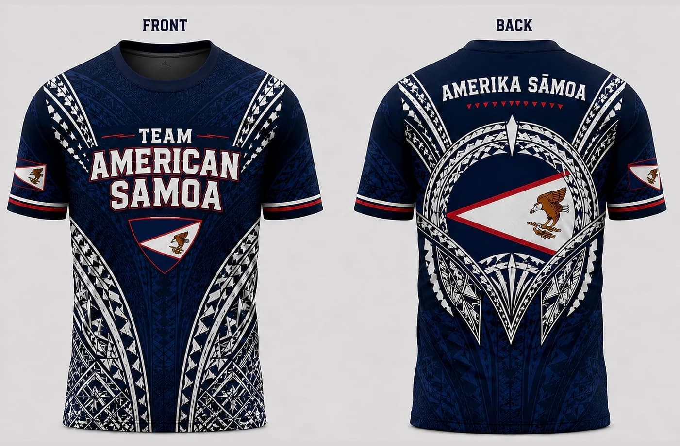 Team American Samoa navy jersey, front and back, with white tatau panels and the American Samoa flag roundel across the back.