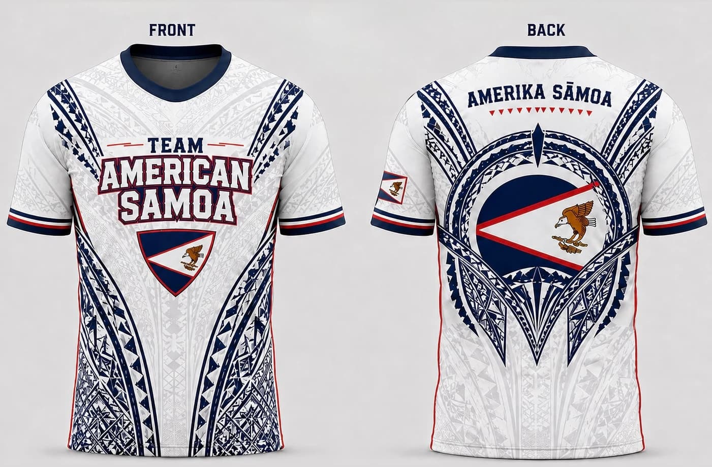 Team American Samoa white jersey, front and back, with navy tatau panels, red piping and the American Samoa flag roundel across the back.