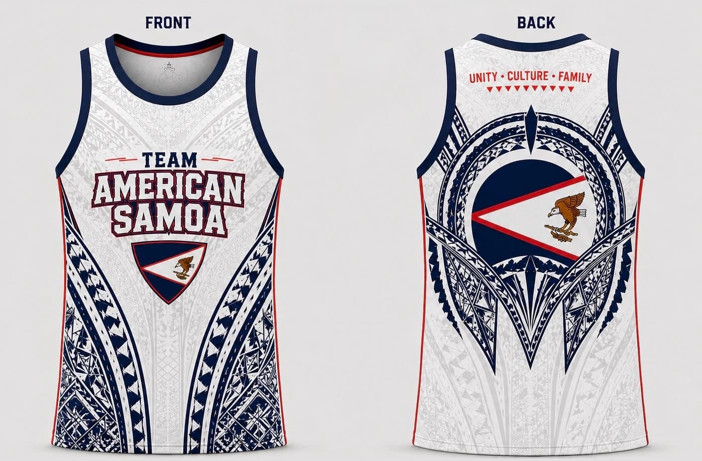 Team American Samoa white training tank, front and back, with navy tatau panels and the flag roundel on the reverse.